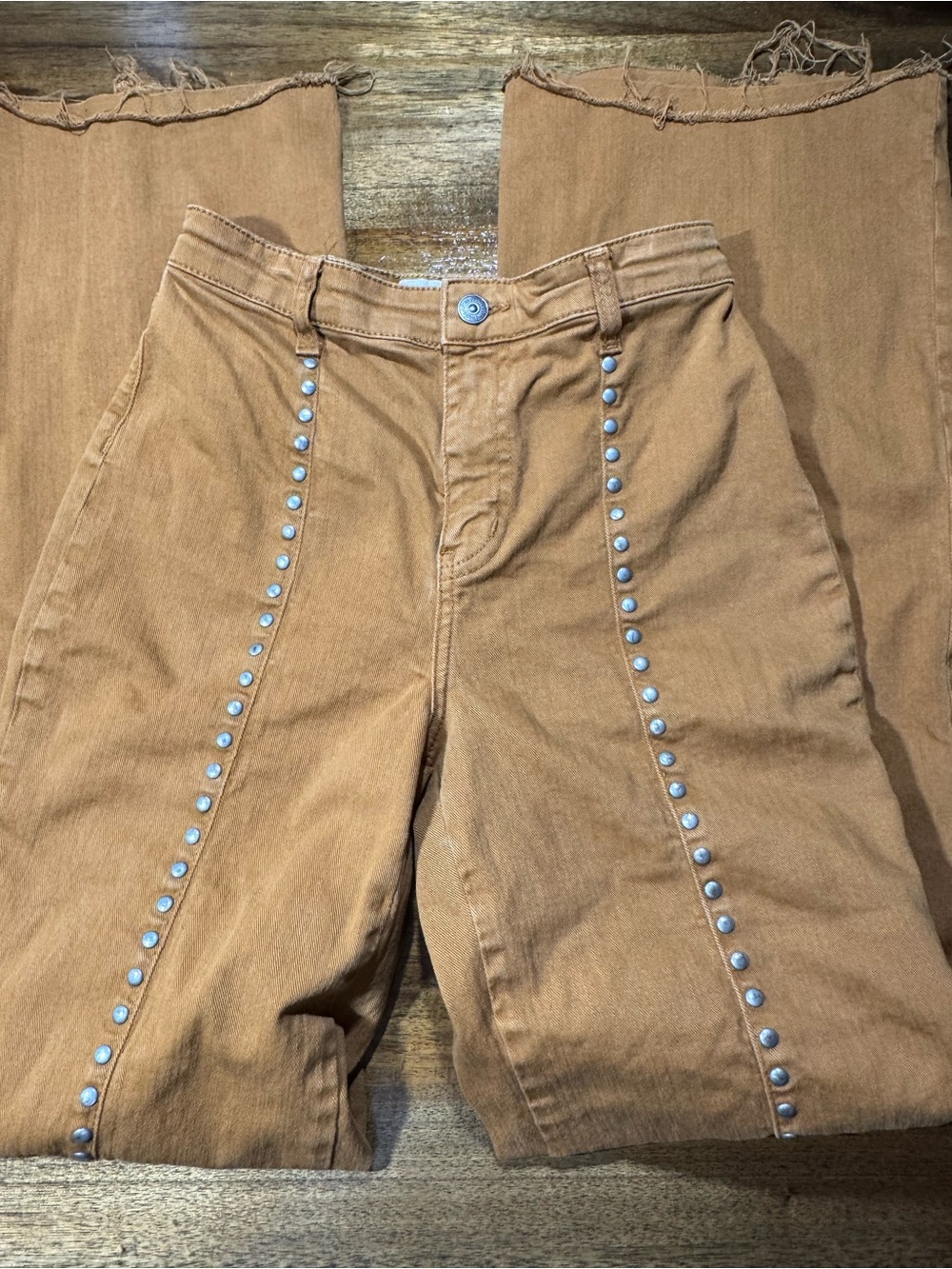 We The Free camel Studded wide leg Pants raw hem. Western, boho